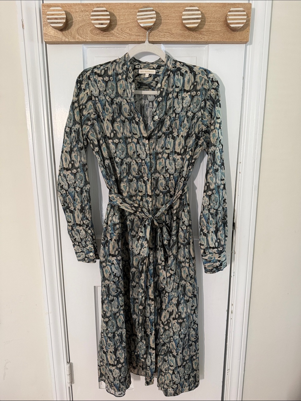 ANN MASHBURN Teal and Cream Long Sleeve Tie-Waist Dress 100% Cotton Pockets (S)